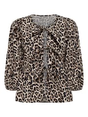 ONLY Animal Leopard Print Puff Sleeve Tie 100% Cotton Top - Image 6 of 7