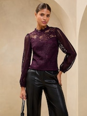 Lipsy Plum Lace High Neck Blouson Blouse - Image 1 of 4
