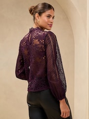 Lipsy Plum Lace High Neck Blouson Blouse - Image 2 of 4