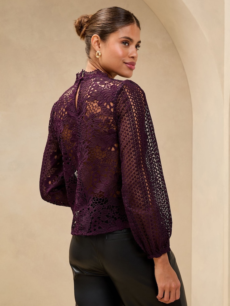 Lipsy Plum Lace High Neck Blouson Blouse - Image 2 of 4