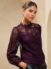 Lipsy Plum Lace High Neck Blouson Blouse - Image 4 of 4