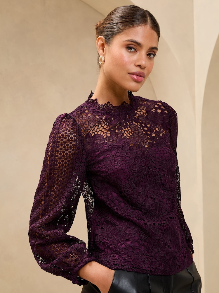 Lipsy Plum Lace High Neck Blouson Blouse - Image 4 of 4 Lipsy Plum Lace High Neck Blouson Blouse - Image 4 of 4
