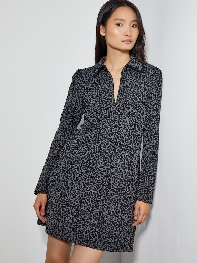 Monsoon Black Abi Leopard Print Jacquard Dress - Image 2 of 5