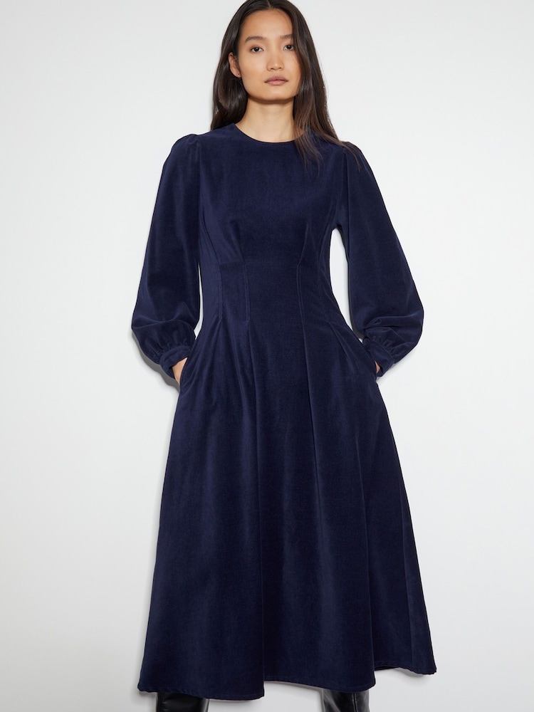 Monsoon Blue Eileen Seamed Velvet 100% Cotton Dress - Image 1 of 4