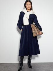 Monsoon Blue Eileen Seamed Velvet 100% Cotton Dress - Image 2 of 4