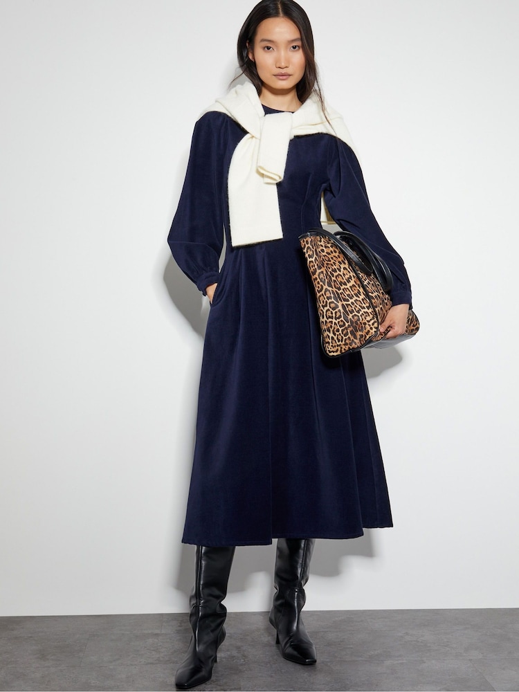 Monsoon Blue Eileen Seamed Velvet 100% Cotton Dress - Image 2 of 4