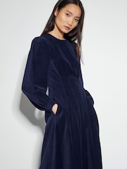 Monsoon Blue Eileen Seamed Velvet 100% Cotton Dress - Image 4 of 4