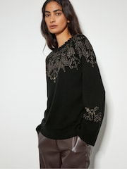 Monsoon Black Embellished Fay Fair Isle Pattern Jumper - Image 1 of 4