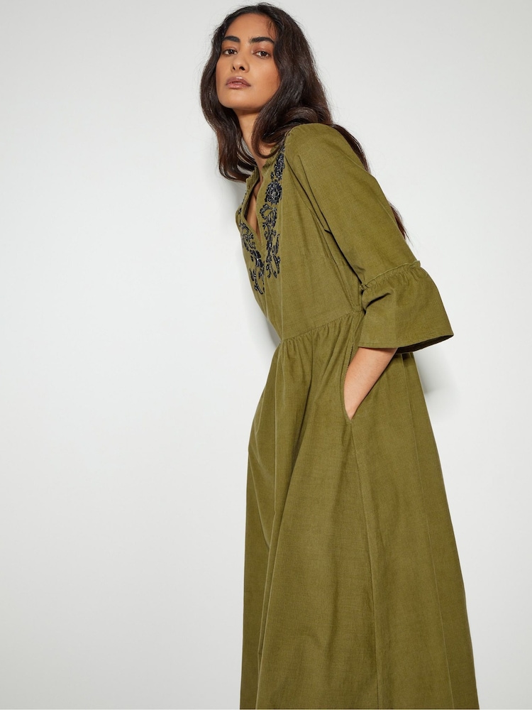 Monsoon Green Edith Corduroy Ruffle 100% Cotton Dress - Image 2 of 5