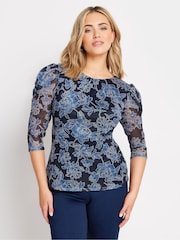 M&Co Blue Mesh Ruched Sleeve Top - Image 1 of 5