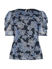 M&Co Blue Mesh Ruched Sleeve Top - Image 5 of 5