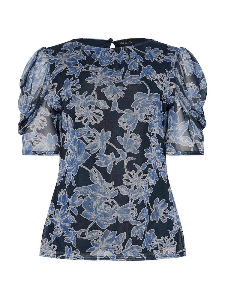 M&Co Blue Mesh Ruched Sleeve Top - Image 5 of 5