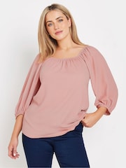 M&Co Pink Tree Bark Puff Sleeve Bardot Blouse - Image 1 of 4