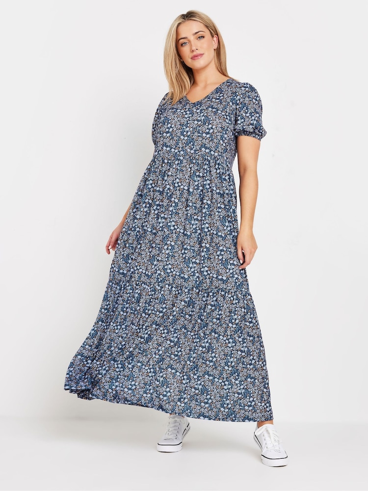 M&Co Blue Ditsy Tiered V-Neck Dress - Image 1 of 4