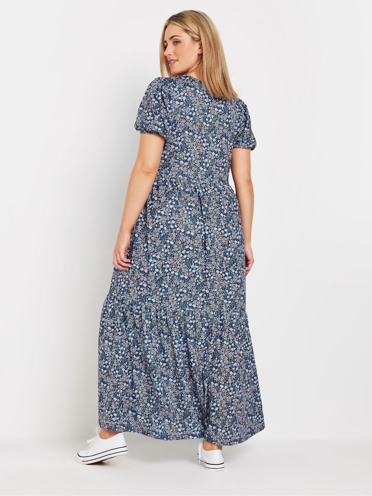 M&Co Blue Ditsy Tiered V-Neck Dress - Image 2 of 4