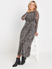 M&Co Natural Animal Print Mesh Long Sleeve Dress - Image 1 of 5