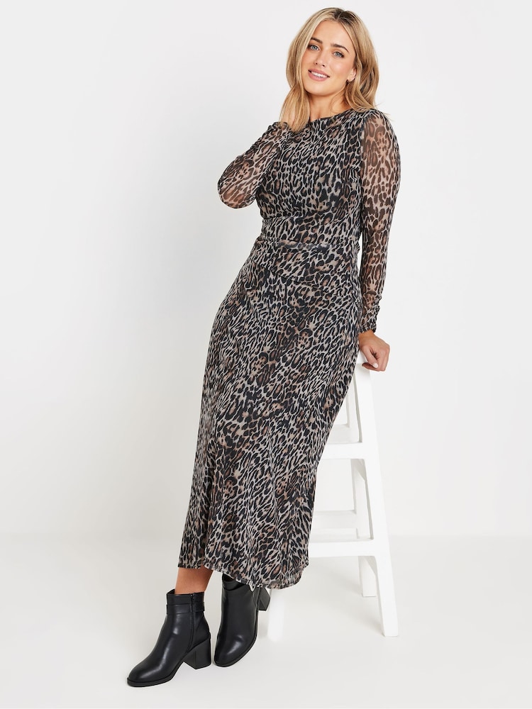 M&Co Natural Animal Print Mesh Long Sleeve Dress - Image 1 of 5