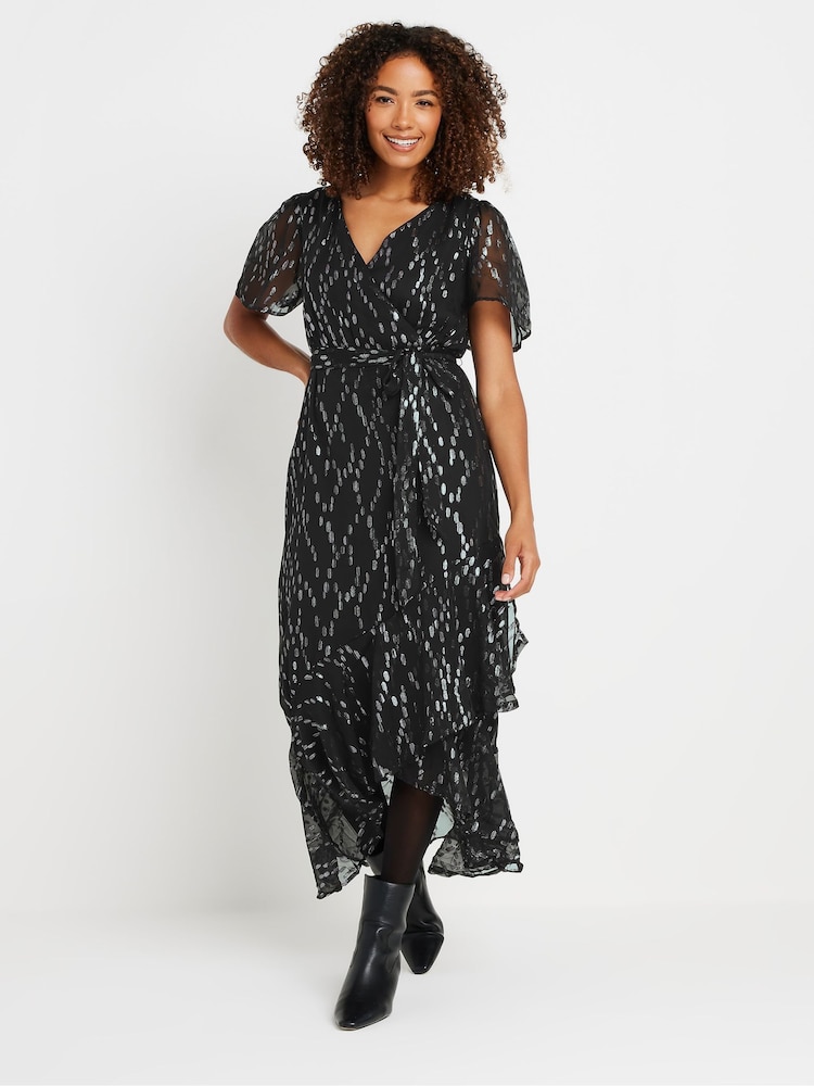 M&Co Black Metalic Ruffle Wrap Dress - Image 1 of 5