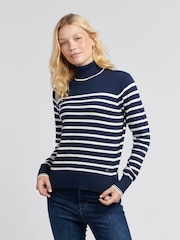 U.S. Polo Assn. Womens Blue Striped Roll Neck Fine Knit Jumper - Image 1 of 7