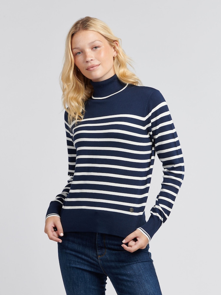 U.S. Polo Assn. Womens Blue Striped Roll Neck Fine Knit Jumper - Image 1 of 7