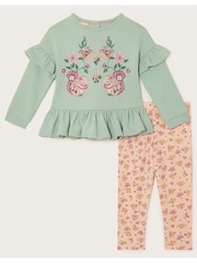 Monsoon Green Baby Animal Print Applique 100% Cotton Top and Floral Leggings Set - Image 1 of 3