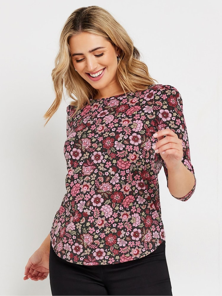 M&Co Pink Floral 3/4 Sleeve 100% Cotton Top - Image 1 of 5