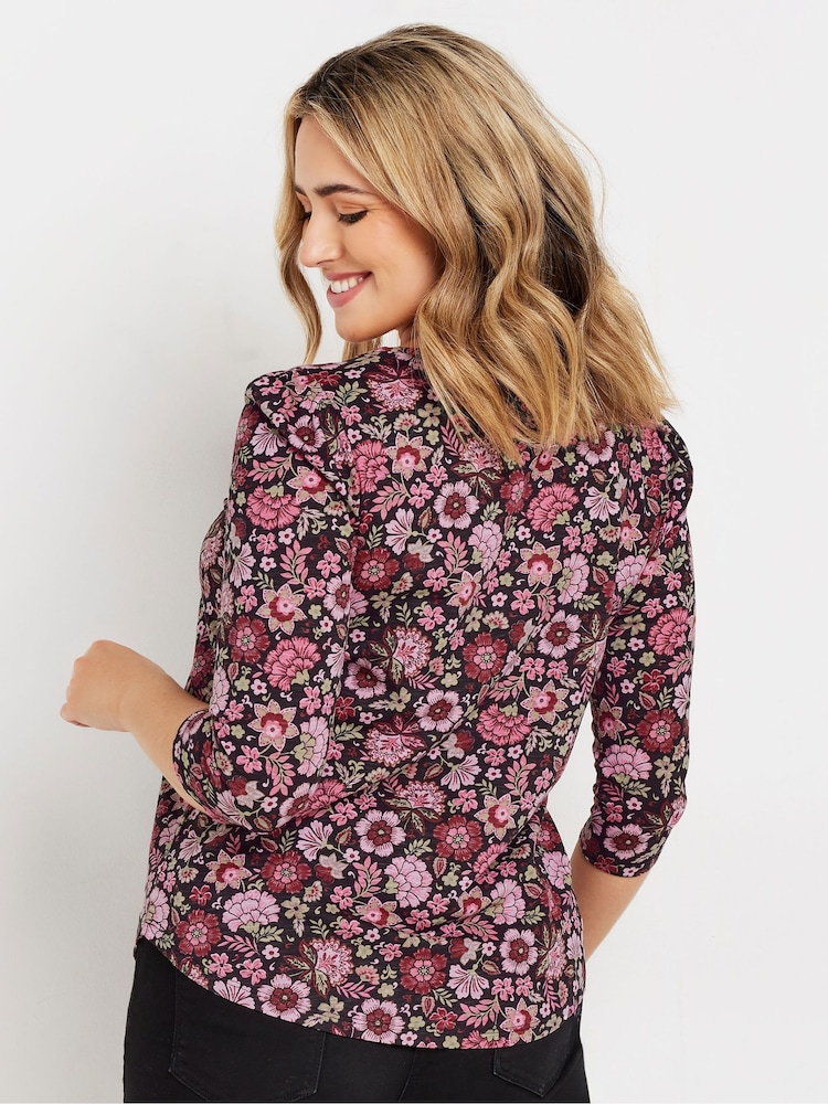 M&Co Pink Floral 3/4 Sleeve 100% Cotton Top - Image 3 of 5