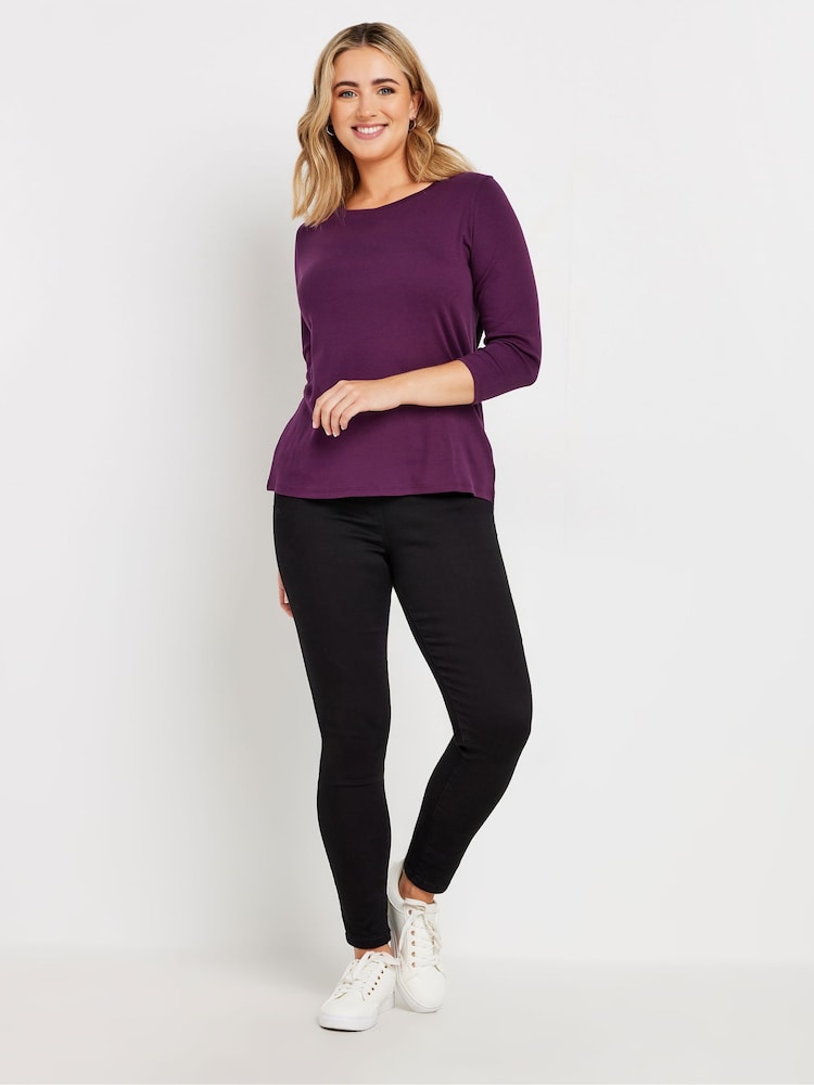 M&Co Purple 100% Cotton 3/4 Sleeve Crew Neck T-Shirt - Image 2 of 5