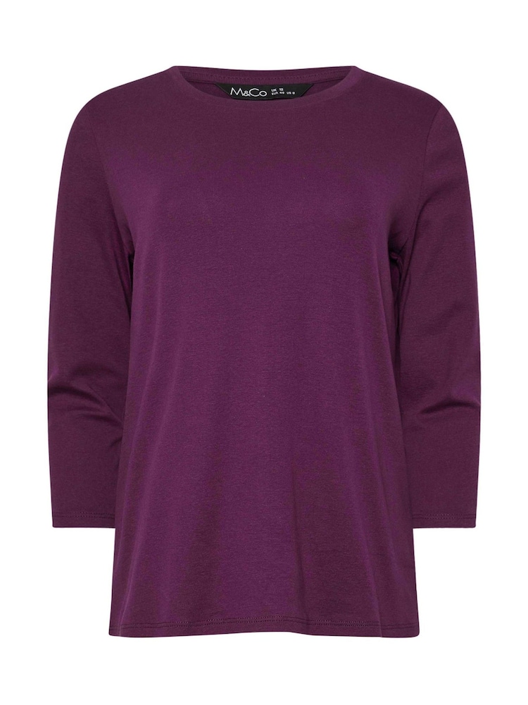 Lila - M&Co – T-Shirt aus 100 % Baumwolle mit 3/4-Ärmeln und Rundhalsausschnitt - Bild 5 von 5 Lila - M&Co – T-Shirt aus 100 % Baumwolle mit 3/4-Ärmeln und Rundhalsausschnitt - Bild 5 von 5