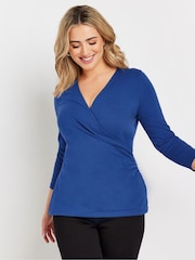 M&Co Blue 3/4 Sleeve Wrap Top - Image 1 of 5