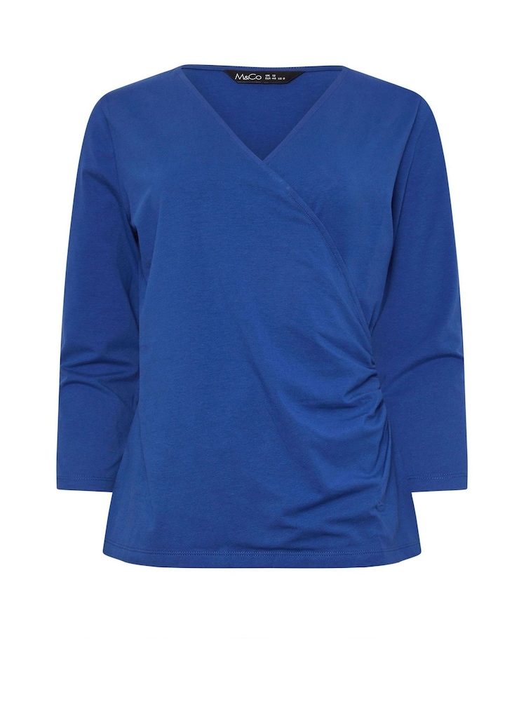M&Co Blue 3/4 Sleeve Wrap Top - Image 5 of 5
