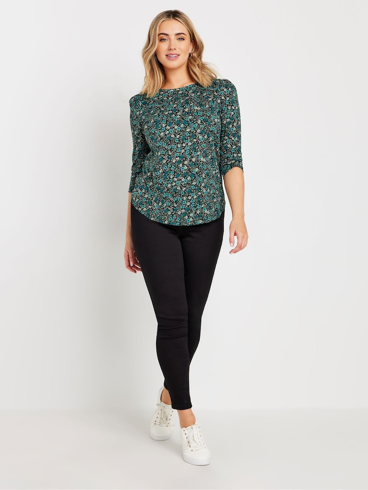 M&Co Green Floral 3/4 Sleeve 100% Cotton Top - Image 2 of 5