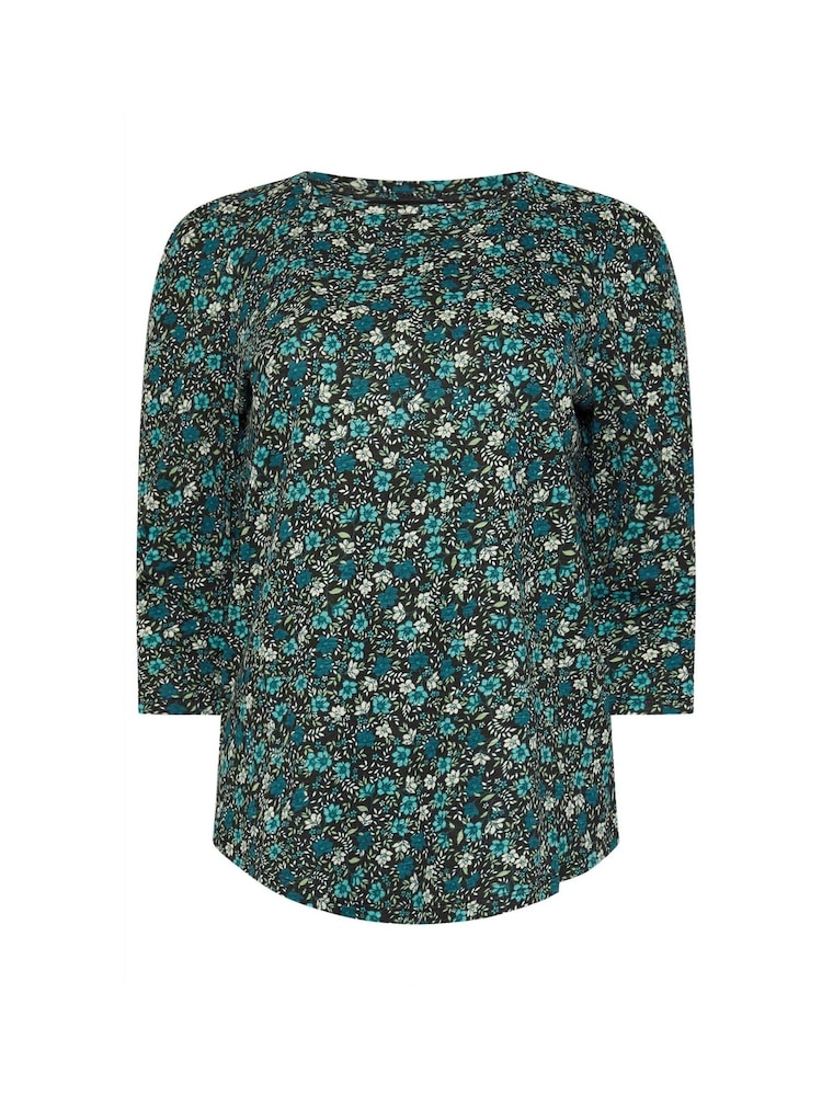 M&Co Green Floral 3/4 Sleeve 100% Cotton Top - Image 5 of 5
