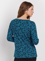 M&Co Blue Floral Slash 100% Cotton Neck Top - Image 2 of 5