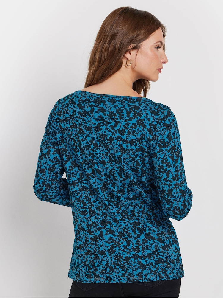 M&Co Blue Floral Slash 100% Cotton Neck Top - Image 2 of 5