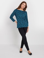 M&Co Blue Floral Slash 100% Cotton Neck Top - Image 3 of 5