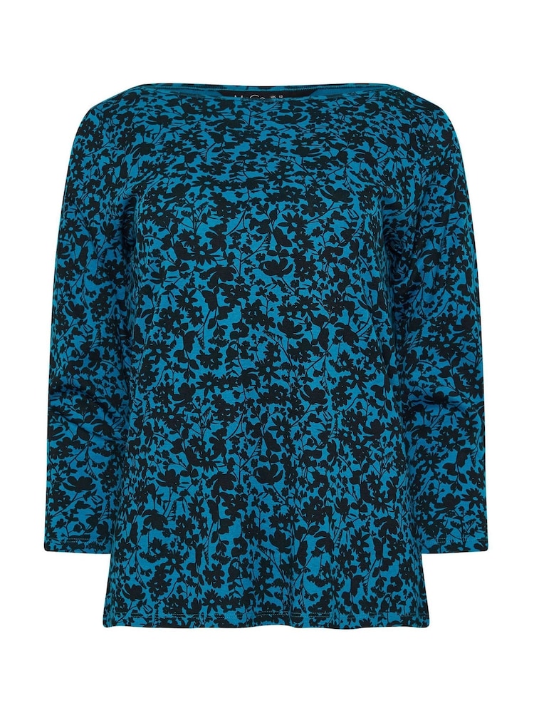 M&Co Blue Floral Slash 100% Cotton Neck Top - Image 5 of 5