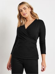 M&Co Black 3/4 Sleeve Wrap Top - Image 4 of 5