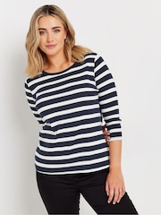M&Co Blue Stripe 3/4 Sleeve Crew Neck 100% Cotton T-Shirt - Image 1 of 5