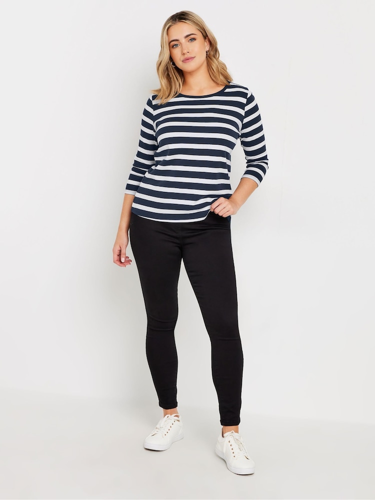 M&Co Blue Stripe 3/4 Sleeve Crew Neck 100% Cotton T-Shirt - Image 2 of 5