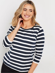 M&Co Blue Stripe 3/4 Sleeve Crew Neck 100% Cotton T-Shirt - Image 4 of 5