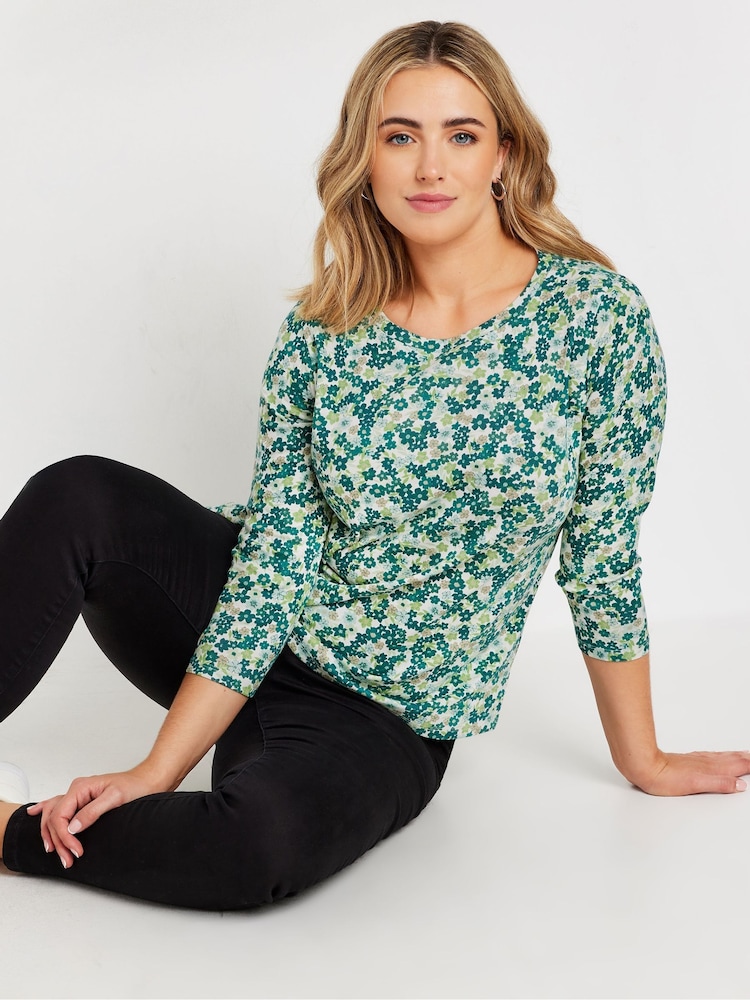 M&Co Green 3/4 Sleeve Crew Neck 100% Cotton T-Shirt - Image 1 of 5
