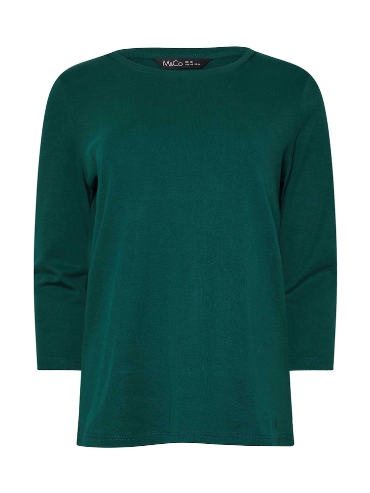 M&Co Green 100% Cotton 3/4 Sleeve Crew Neck T-Shirt - Image 5 of 5