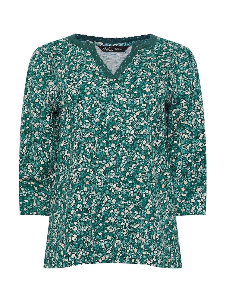 M&Co Blue 100% Cotton Lace Trim Top - Image 5 of 5