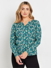 Grün - M&Co Long Sleeve 100% Cotton Notch Neck Top - Bild 4 von 5