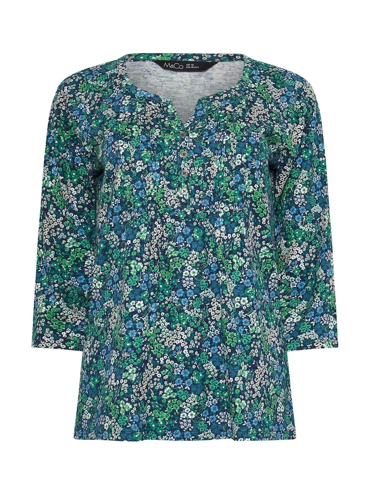 M&Co Green 3/4 Sleeve 100% Cotton Henley Top - Image 5 of 5