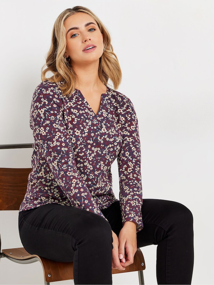 M&Co Purple Long Sleeve 100% Cotton Notch Neck Top - Image 1 of 5