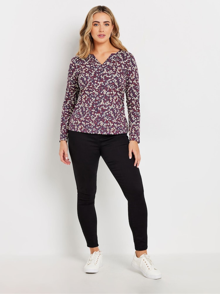 M&Co Purple Long Sleeve 100% Cotton Notch Neck Top - Image 2 of 5