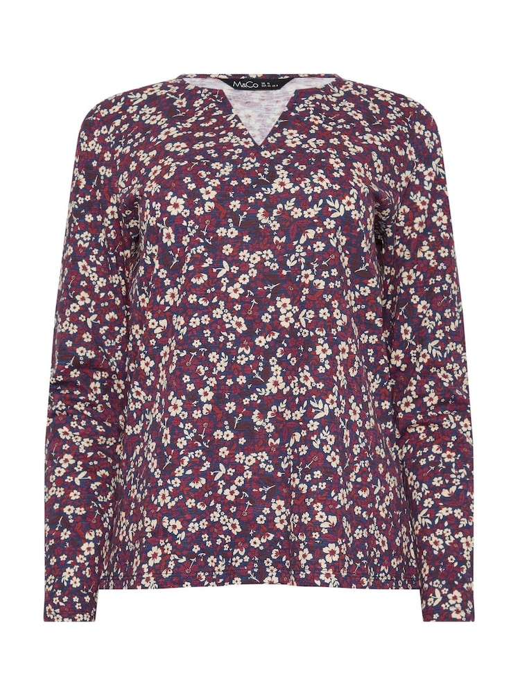 M&Co Purple Long Sleeve 100% Cotton Notch Neck Top - Image 5 of 5