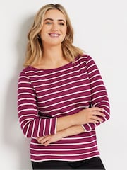 M&Co Purple Stripe 3/4 Sleeve Slash Neck 100% Cotton Top - Image 1 of 5